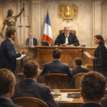 affaire judiciaire dans un tribunal français avec juge et avocats pendant un procès