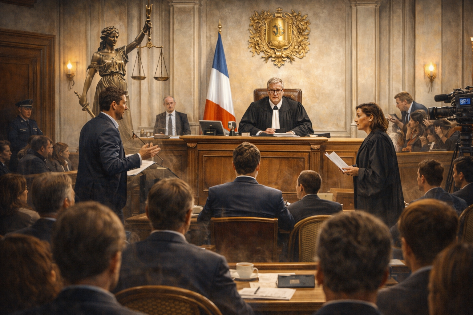 affaire judiciaire dans un tribunal français avec juge et avocats pendant un procès