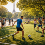 sport en France personnes jouant au football et faisant du sport dans un parc à Paris