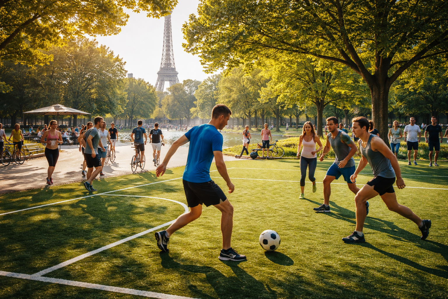 sport en France personnes jouant au football et faisant du sport dans un parc à Paris