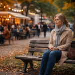 solitude en France femme assise seule sur un banc dans un parc parisien animé