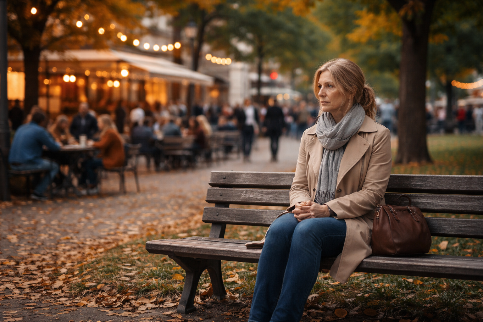 solitude en France femme assise seule sur un banc dans un parc parisien animé