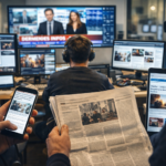 évolution des médias avec smartphone journal papier écrans et studio d’information