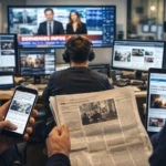 évolution des médias avec smartphone journal papier écrans et studio d’information
