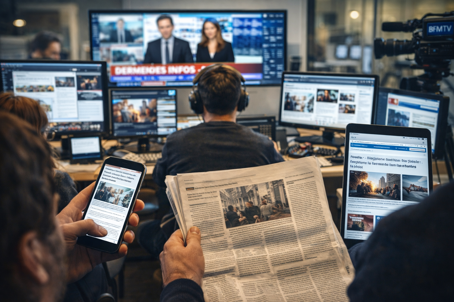 évolution des médias avec smartphone journal papier écrans et studio d’information